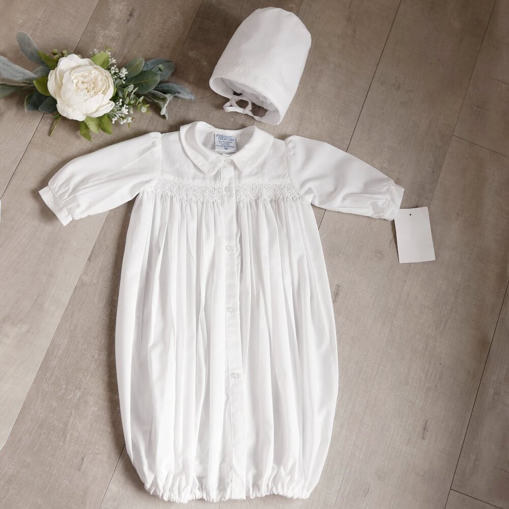 White Smocked Coming Home Gown & Bonnet Set Heirloom Feltman Brothers Friedknit